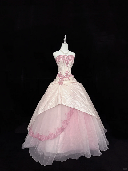 Elegant Pink Strapless Quinceanera Dress Lace Applique Tulle Sweet 16 Wedding Sweet 15 Quinceanera Ball Gown DP8250
