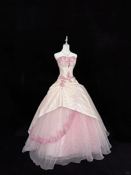 Elegantes rosa trägerloses Ballkleid mit Spitze und Tüll für Sweet 16 Quinceanera DP8250