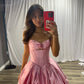 Chic Pink Satin Strapless Ball Gown with Rose Detail & Corset Bodice DP7866