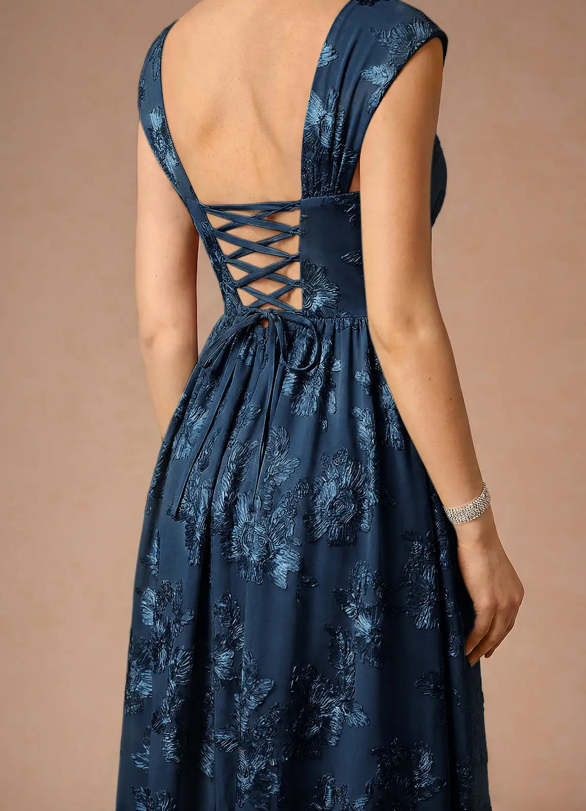 Elegant Navy Blue 3D Floral Applique Square Neck Cap Sleeve A-Line Prom Dress DP8781
