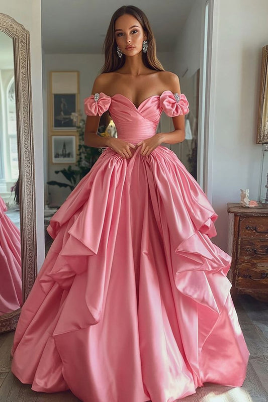 Glamouröses, schulterfreies, langes Ballkleid aus rosa Satin in A-Linie mit Herzausschnitt DP7014