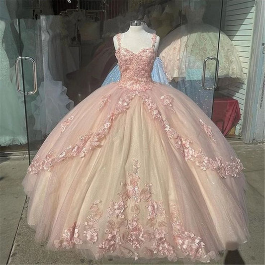 Retro Pink Sweetheart Appliqued 3D Flower A-Line Tulle 18 Birthday Quinceanera Dresses Evening Ball Gowns DP6138
