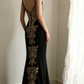 Glamorous Black & Champagne Lace Applique Spaghetti Strap High Slit Mermaid Prom Dress DP7646