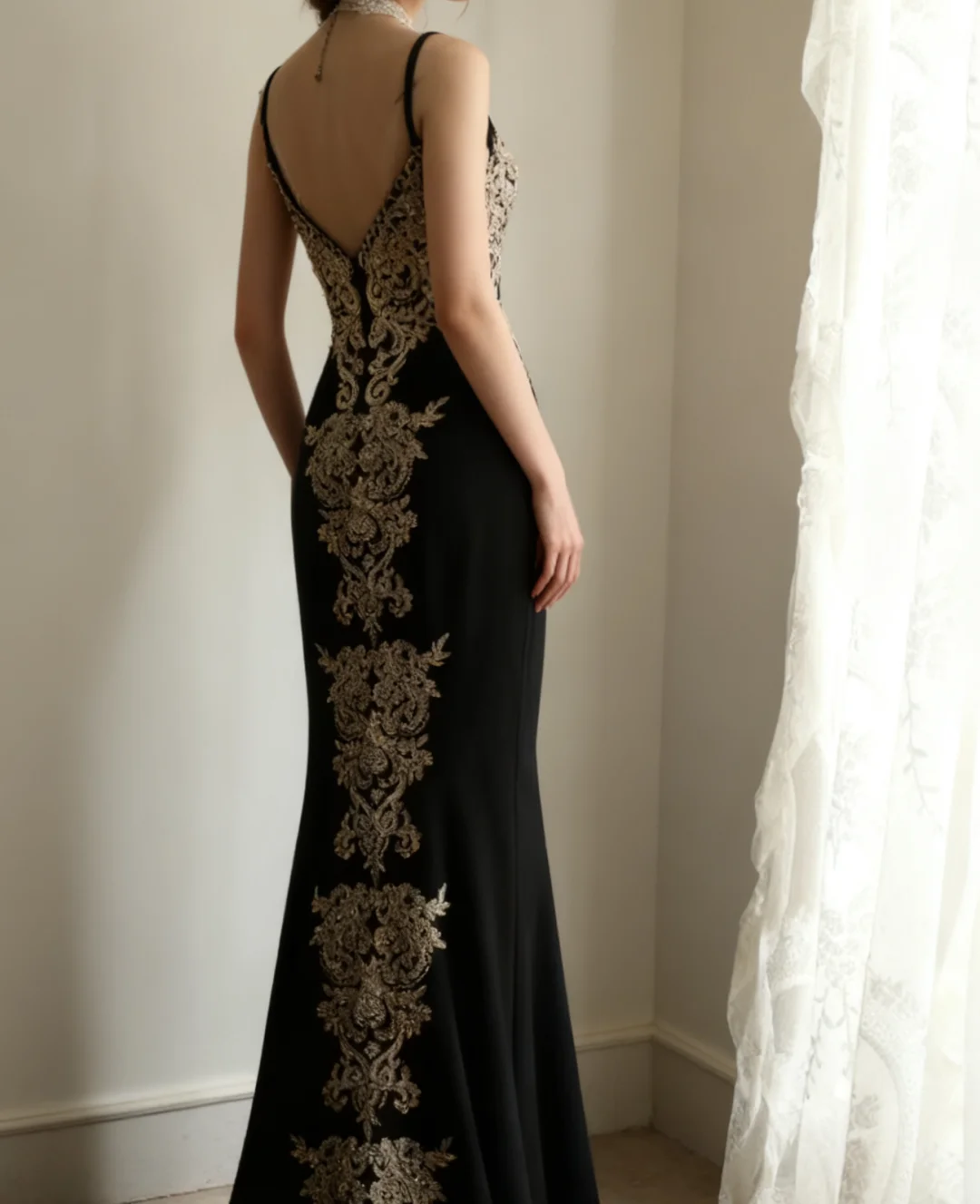 Glamorous Black & Champagne Lace Applique Spaghetti Strap High Slit Mermaid Prom Dress DP7646