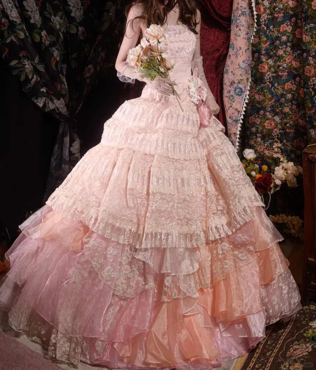 Glamorous Pink Tiered Strapless Lace Floral Sweet 16 Quinceanera Ball Gown DP7410