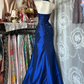 Vintage Royal Blue Satin Halter-Neck Beaded Formal Evening Gown DP7357