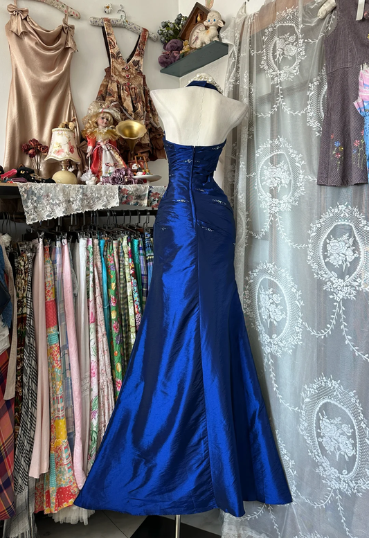 Vintage Royal Blue Satin Halter-Neck Beaded Formal Evening Gown DP7357