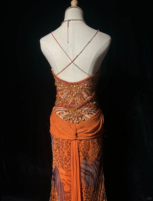 Vintage-Inspired Orange Spaghetti Strap Beaded Embellishment & Leopard Print Prom Dress DP7282