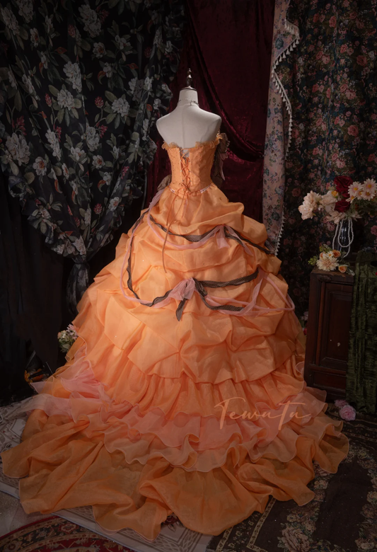 Glamorous Orange Off-the-Shoulder Beaded Ruffled Tulle Ball Gown DP8350