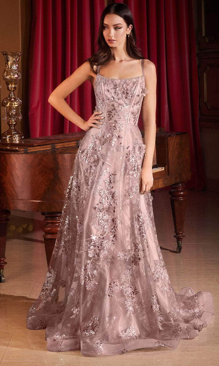 Glamorous Spaghetti Strap Tulle A-Line Prom Dress 3D Floral Lace Applique Glitter Formal Evening Gown DP8205