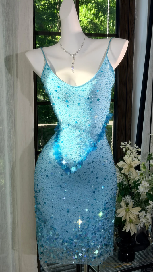 Sparkly Light Blue Cowl Neck Sequin Homecoming Dress Mermaid Mini Party Gown DP8305