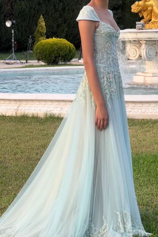 Glamorous Dusty Blue Embroidered Lace Prom Dress Tulle Beaded Evening Gown DP7914