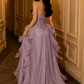 Elegant Strapless Dusty Purple Lace Mermaid Organza Ruffle A-Line Evening Gown DP8705