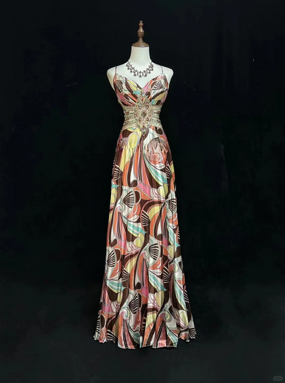 Vintage-Inspired Retro Print Spaghetti Strap Sweetheart Sheath Maxi Prom Dress DP7281