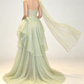 Elegant Sage Green Strapless Long Flowing Scarf Draped Tulle A-Line Prom Dress DP8780