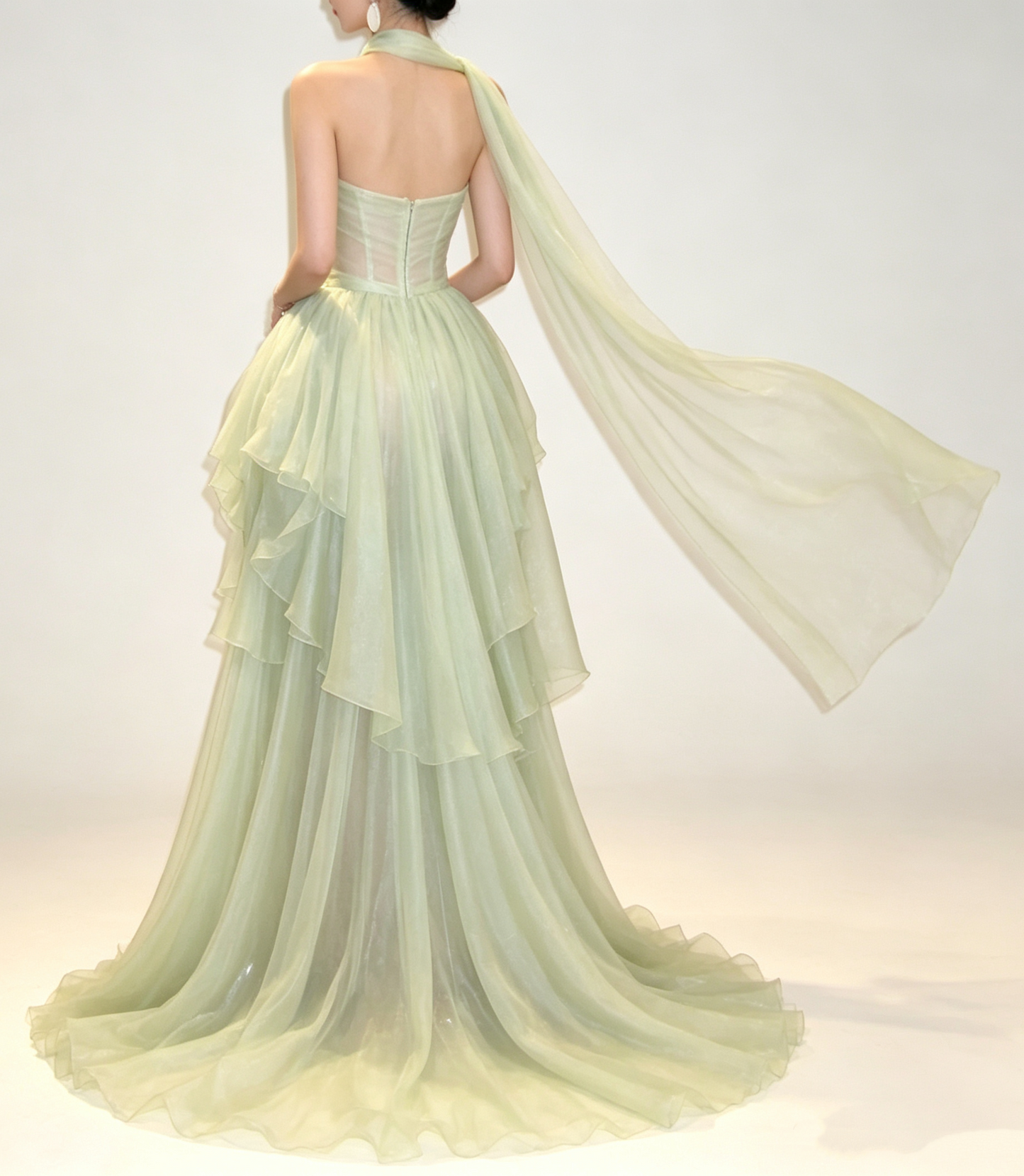 Elegant Sage Green Strapless Long Flowing Scarf Draped Tulle A-Line Prom Dress DP8780