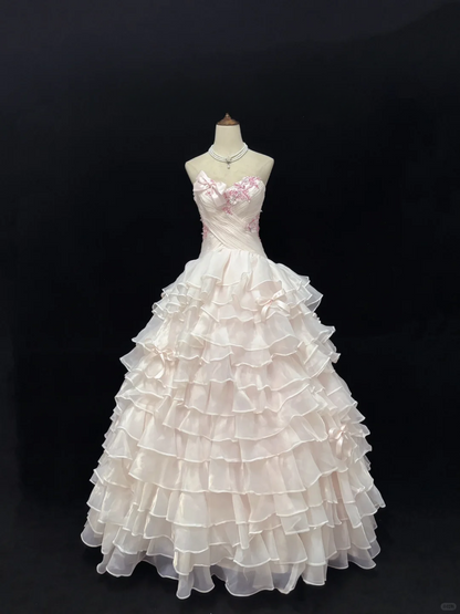 Chic Pink Strapless Floral Beaded Tiered Ruffles Sweet 16 Quinceanera Ball Gown DP7367