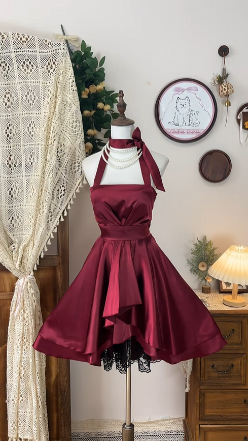 Vintage Romantic Burgundy Design A-line Satin Elegant Homecoming Dress Birthday Dress Party Dress DP6186