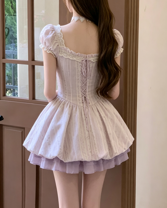 Cute Lavender Floral Square Neck Puff Sleeve A-Line Ruffle Trim Homecoming Dress DP8770