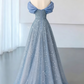Elegant Sky Blue Off-the-Shoulder Organza Glitter Tulle A-Line Floor Length Prom Dress DP8789