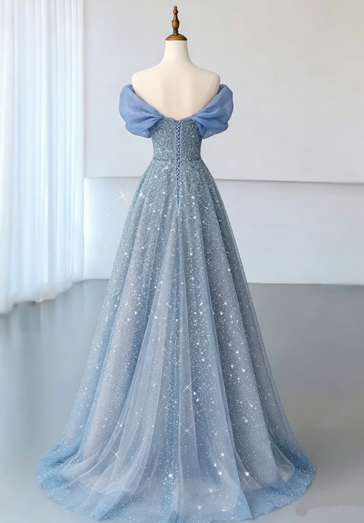 Elegant Sky Blue Off-the-Shoulder Organza Glitter Tulle A-Line Floor Length Prom Dress DP8789
