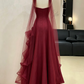 Elegant Burgundy Strapless Ruffle Tulle A-Line Evening Gown DP8471
