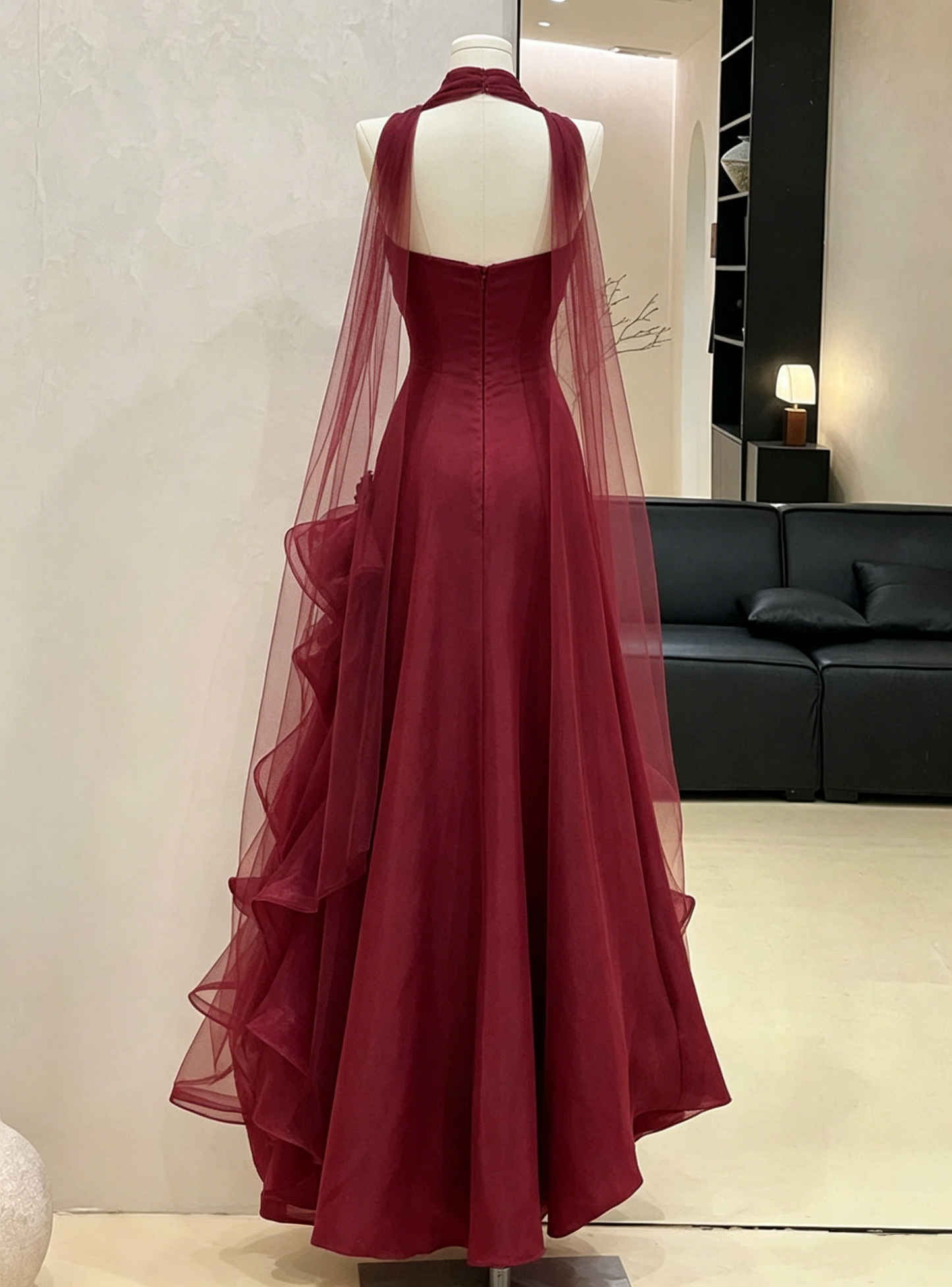 Elegant Burgundy Strapless Ruffle Tulle A-Line Evening Gown DP8471