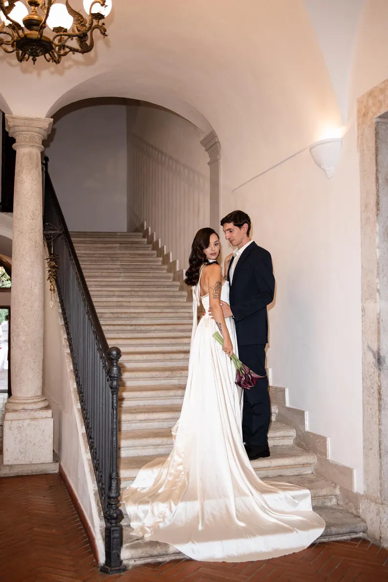 Elegant Ivory Strapless Satin Strapless Neck Drape Sash Wedding Dress DP8395