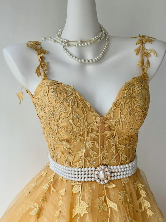 Cute Honey Yellow Lace-Up Back Tulle Homecoming Dress DP7959
