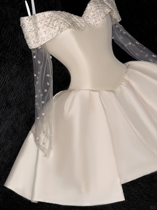 Elegant Ivory Off-the-shoulder Simple Design A-Line Satin Short Homecoming Dress Party Dress DP6195