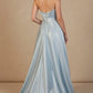 Elegant Light Blue Satin Prom Dress Strapless Sweetheart Ruched A-Line  Evening Party Dress DP8194