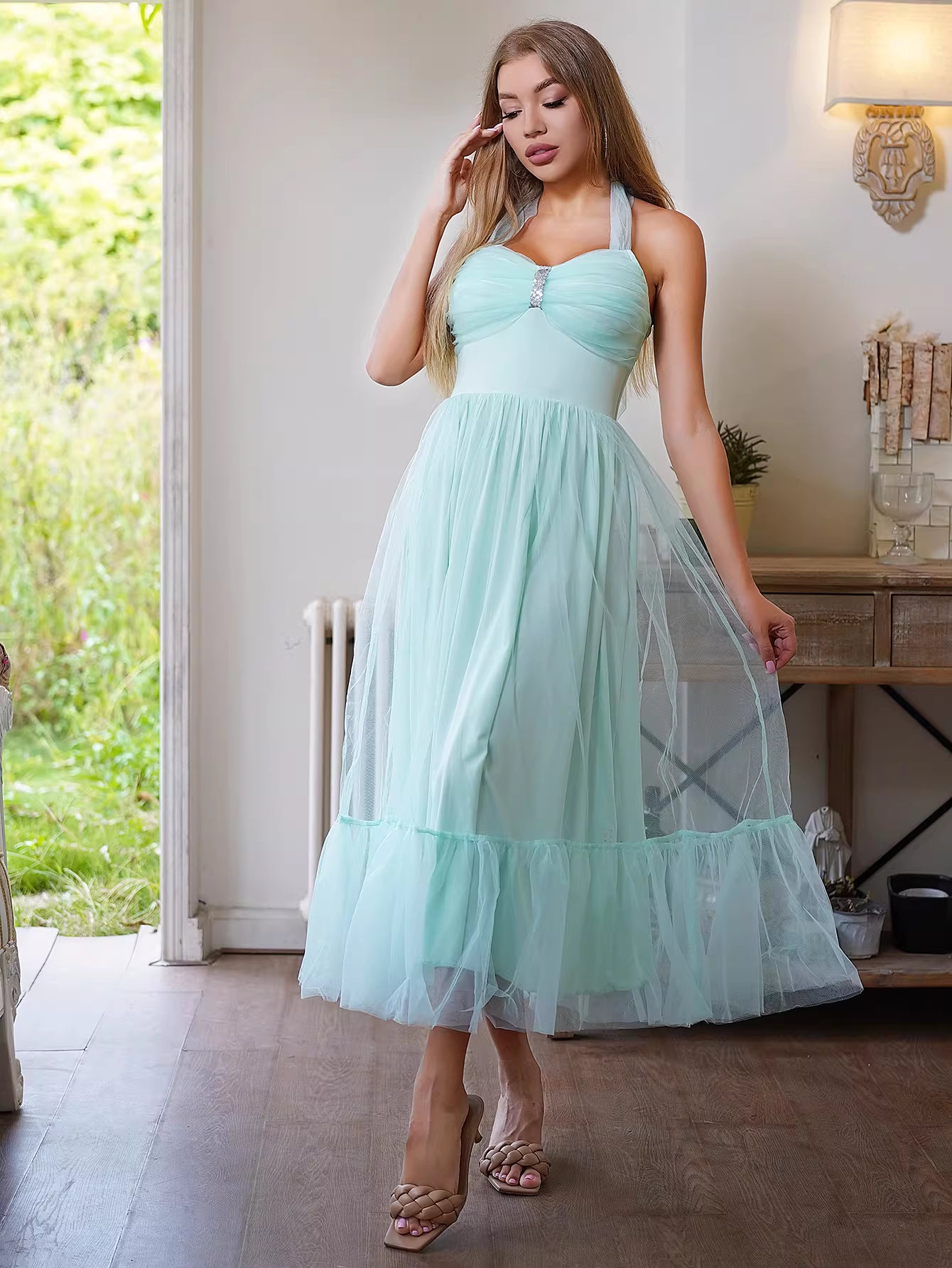 Elegant Sweetheart Halter Neck Tulle Ruffled Hem Cocktail Dress Evening Dress DP8074