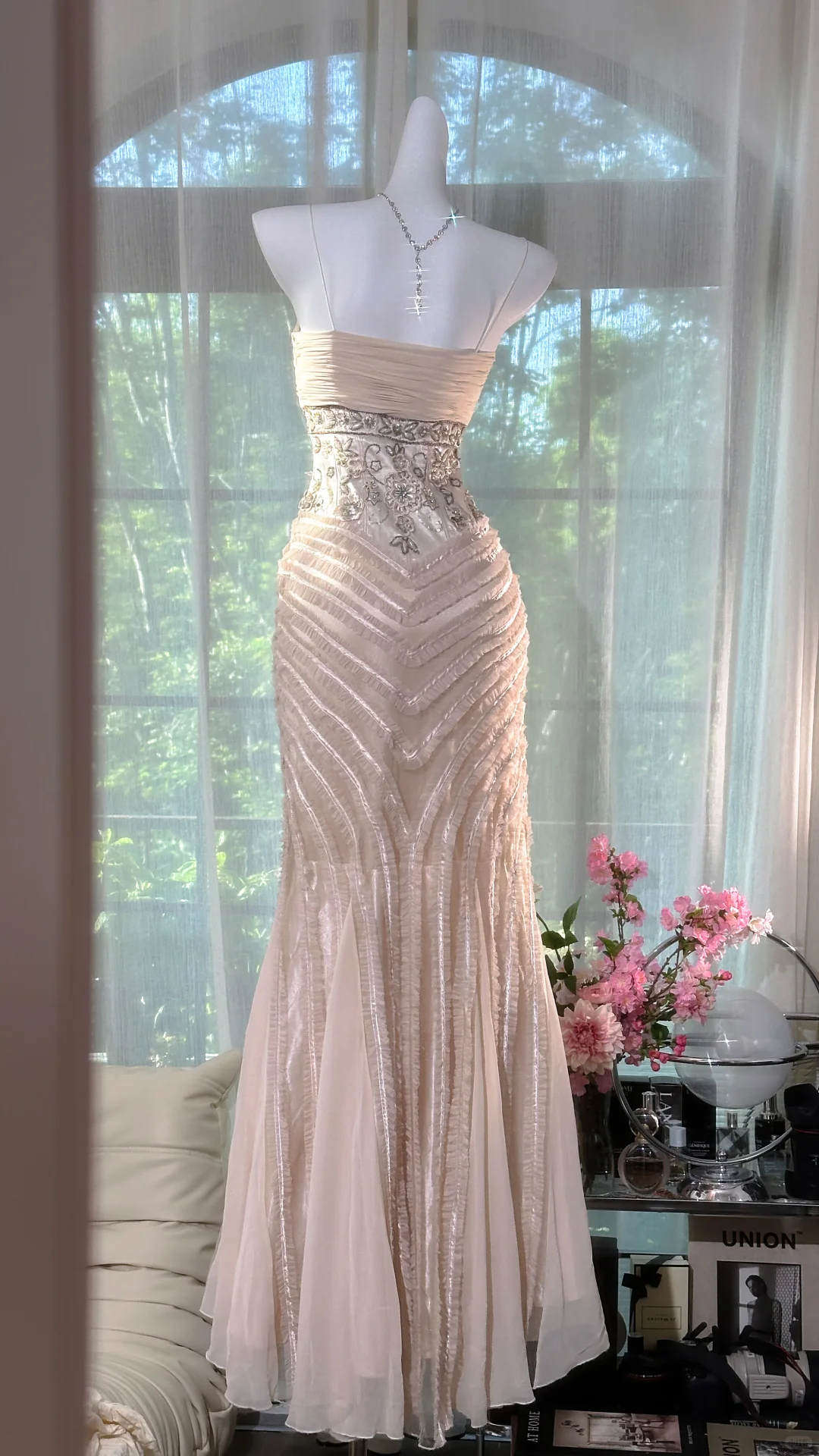 Gorgeous Pink Embroidery Spaghetti Strap Mermaid Chiffon Prom Dress Evening Dress DP6309