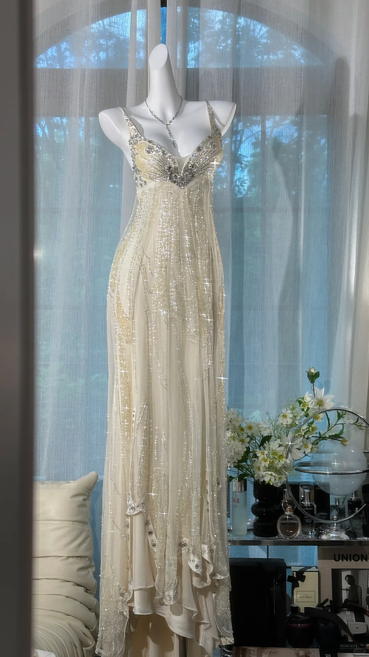 Gorgeous Shiny Beige Beaded Sequin Spaghetti Strap Design Chiffon Prom Dress Evening Dress DP6238