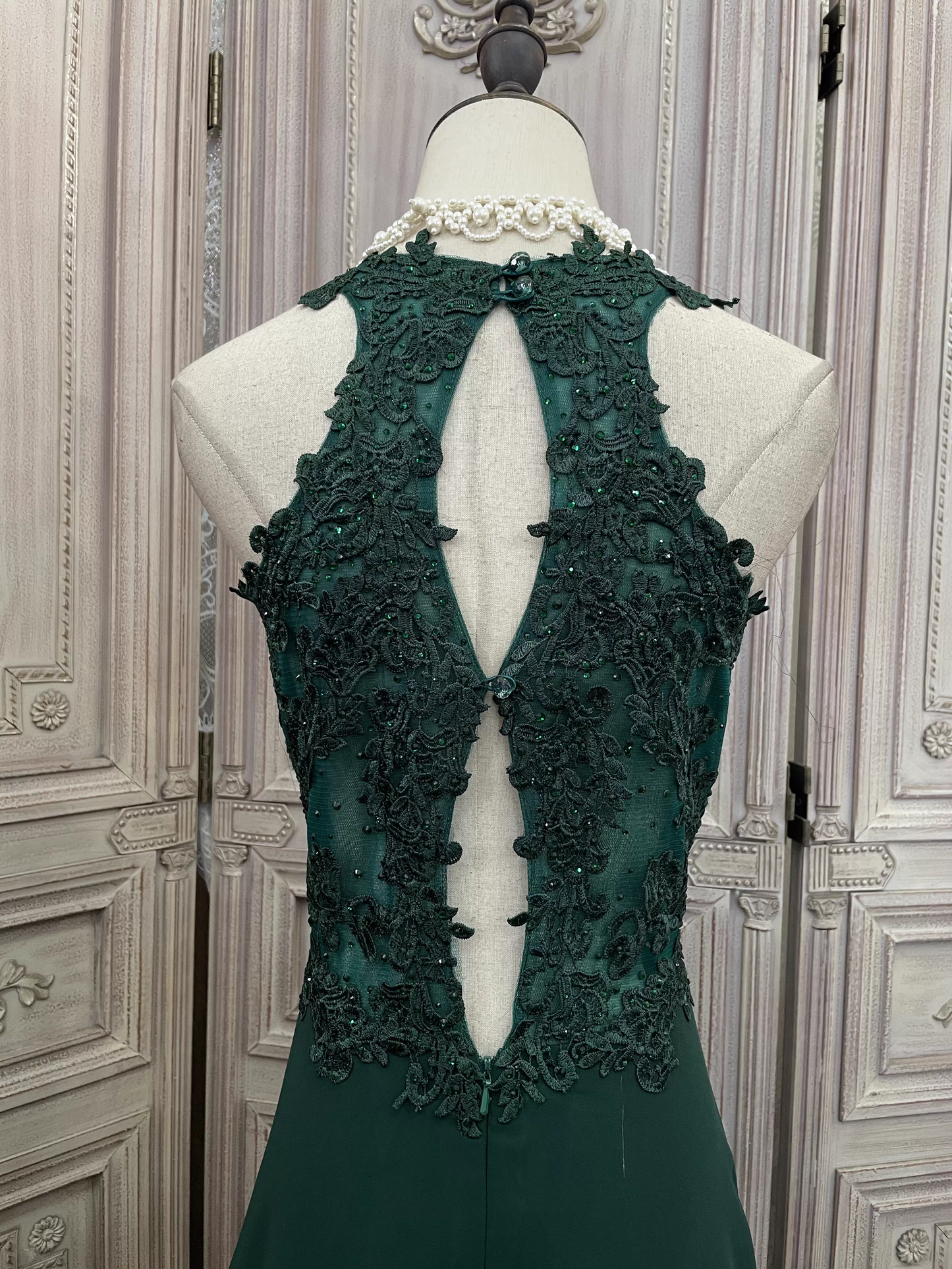Elegant Emerald Green Sleeveless Lace Evening Gown Chiffon Train Prom Dress DP7603