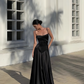 Elegant Black Satin Spaghetti Strap Ruched Bodice Evening Gown DP7401
