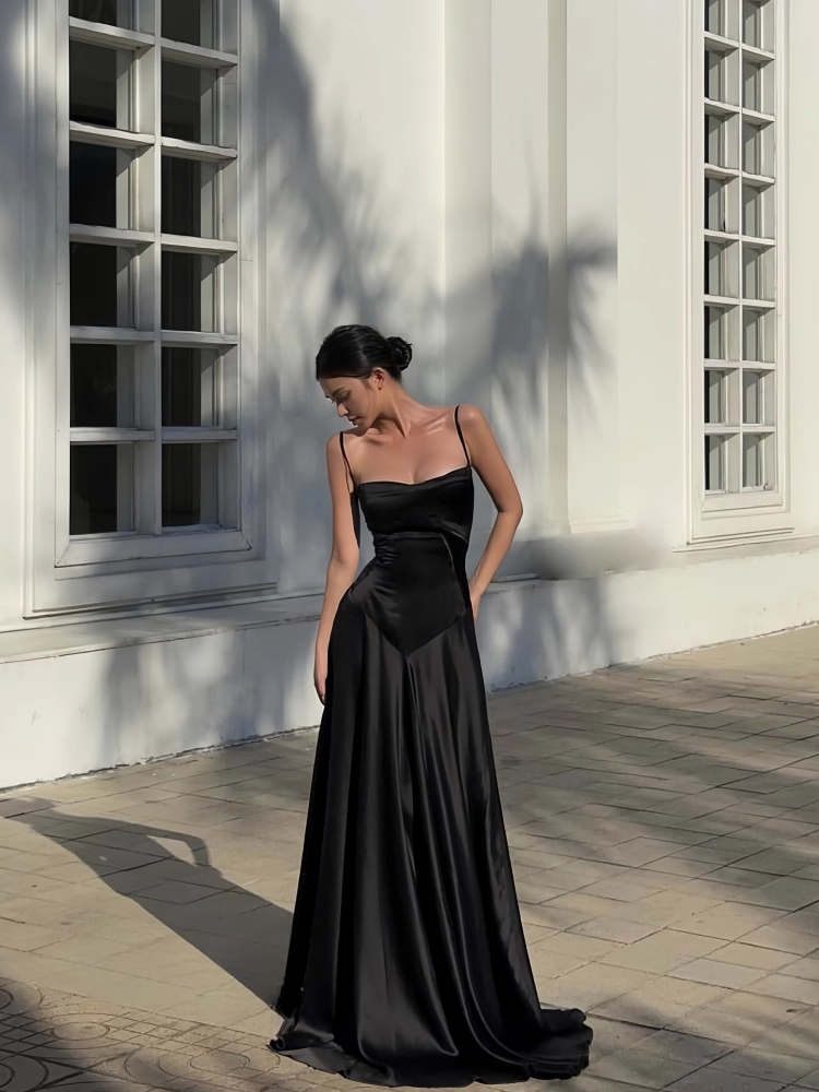 Elegant Black Satin Spaghetti Strap Ruched Bodice Evening Gown DP7401