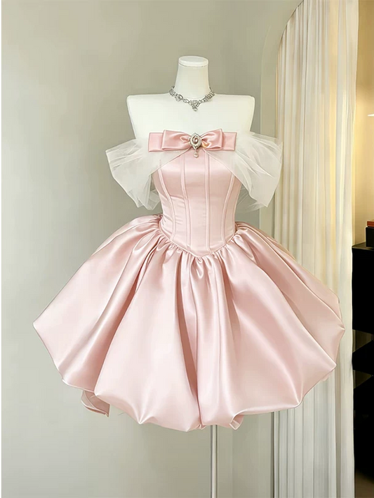 Elegant Pink Satin Off-the-Shoulder Beaded A-Line Homecoming Dress DP8723