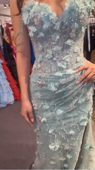 Elegant Sage Green 3D Floral Appliques Prom Dress Sweetheart Mermaid Off-the-shoulder Evening Gown DP7915