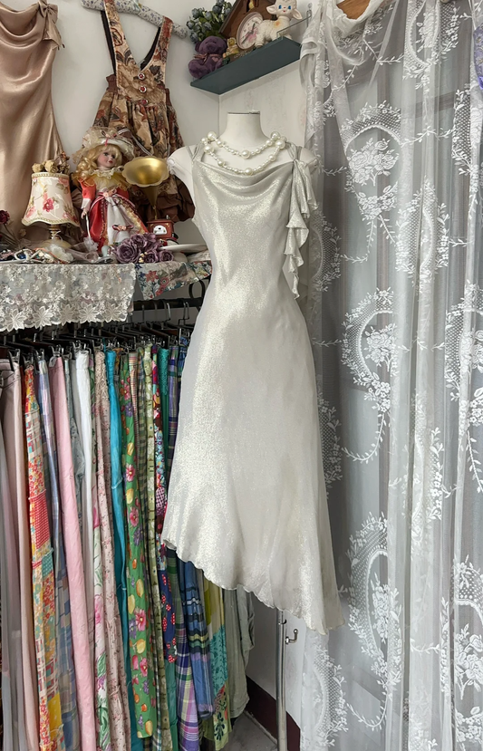 Vintage Silvery Irregular Hem Design A-Line Spaghetti Strap Prom Dress Evening Dresss DP6205