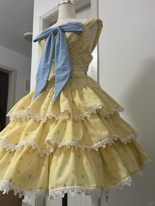 Cute Yellow Floral Lace Hem Design Tiered Party Dress Homecoming Dress DP6243