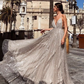 Shiny Glitter Deep V-Neck Tulle Prom Dress A-Line Spaghetti Straps Evening Dress DP8145