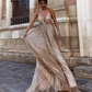 Shiny Glitter Deep V-Neck Tulle Prom Dress A-Line Spaghetti Straps Evening Dress DP8145