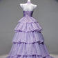 Chic Lavender Tulle Tiered High-Low Evening Gown Lace Trim A-Line Prom Dress  DP7870