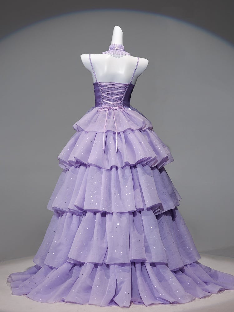 Chic Lavender Tulle Tiered High-Low Evening Gown Lace Trim A-Line Prom Dress  DP7870