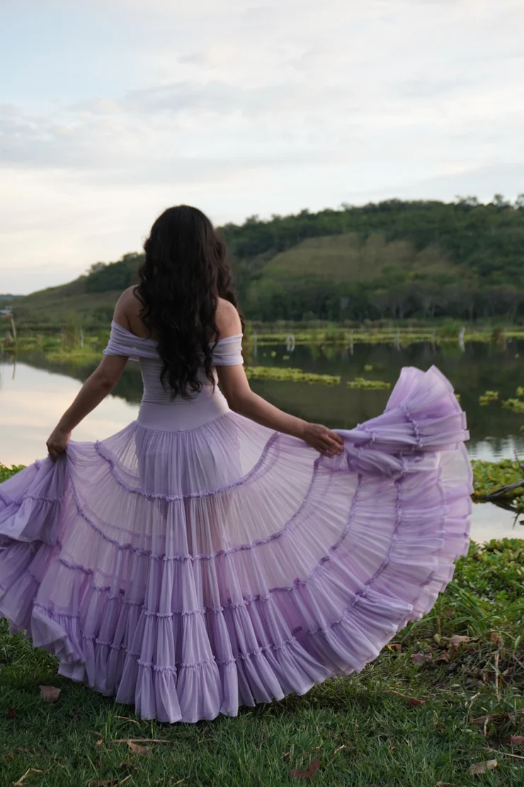 Elegant Lavender Off-the-Shoulder Tiered Tulle A-Line Prom Dress DP8457