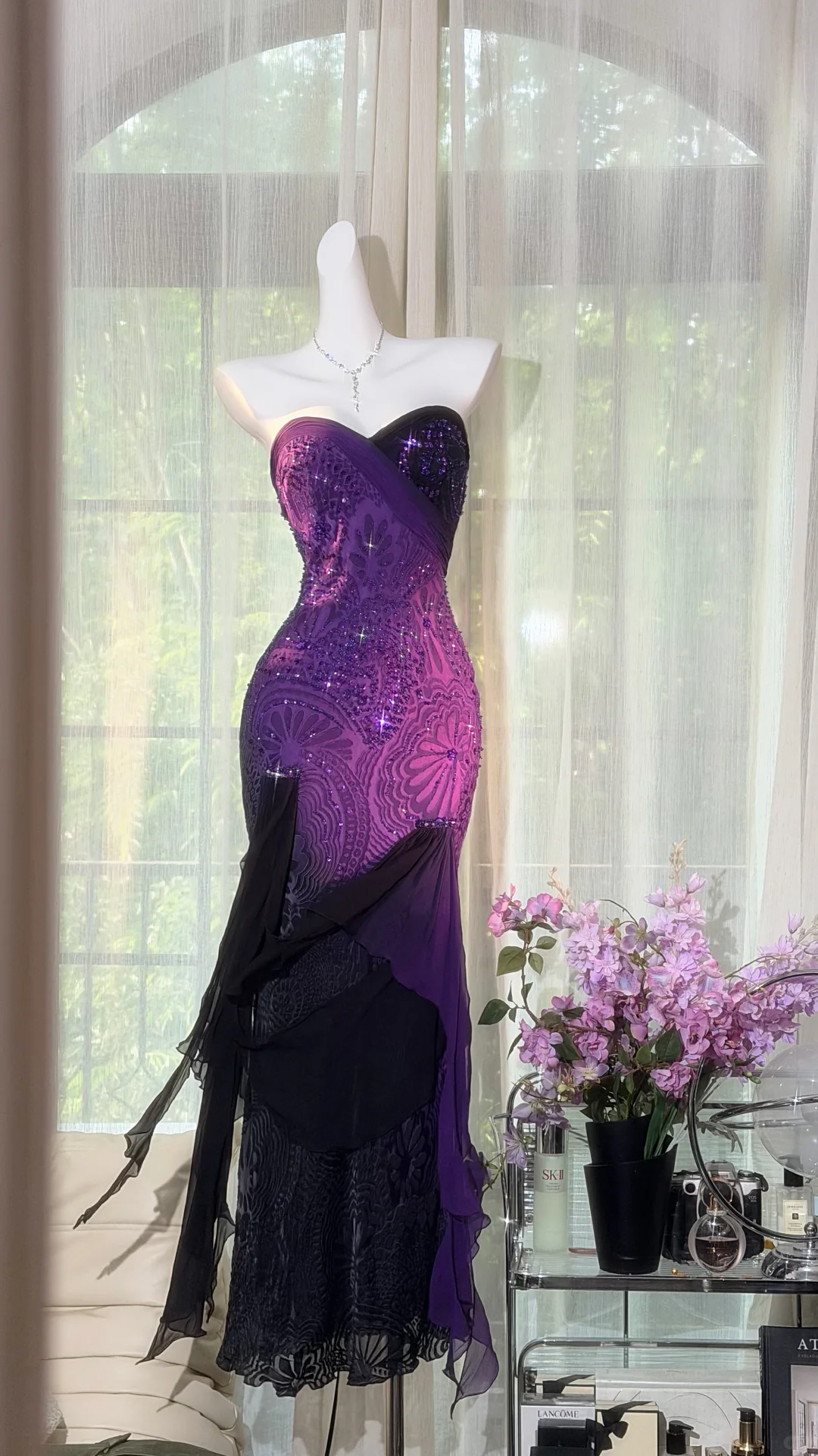 Sparkly Strapless Ombre Purple Beaded Mermaid Evening Dress Ruffled Chiffon Hem Prom Dress DP8303