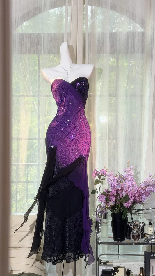 Sparkly Strapless Ombre Purple Beaded Mermaid Evening Dress Ruffled Chiffon Hem Prom Dress DP8303