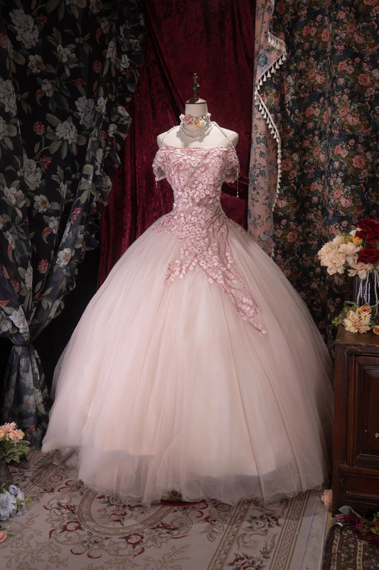 Elegantes pinkfarbenes Off-Shoulder Ballkleid mit Blumenstickereien aus Spitze für Sweet 16 und Quinceanera DP8339