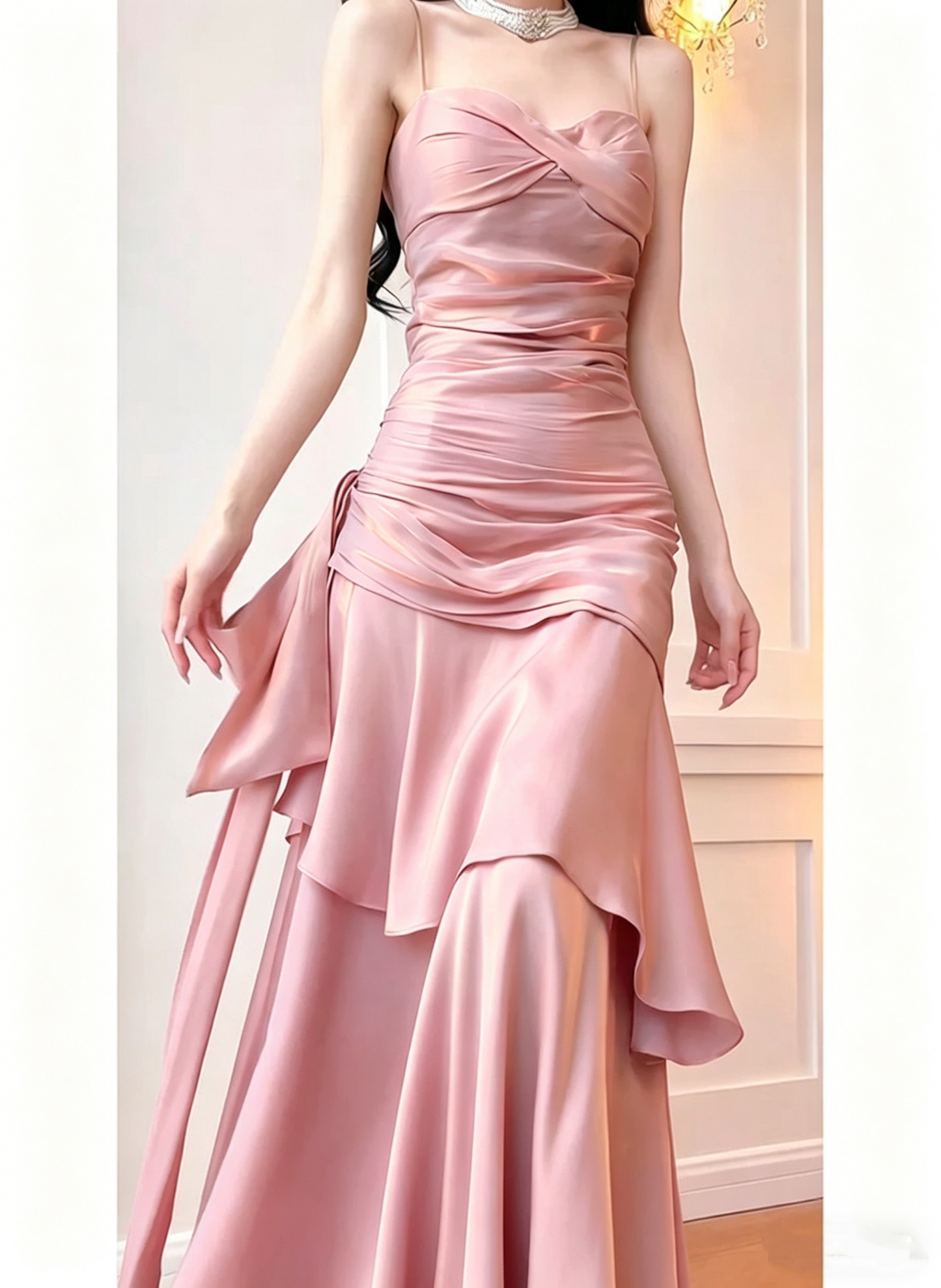 Gorgeous Spaghetti Strap Ruched Satin Mermaid Evening Gown Ruffle Formal Prom Dress DP2931
